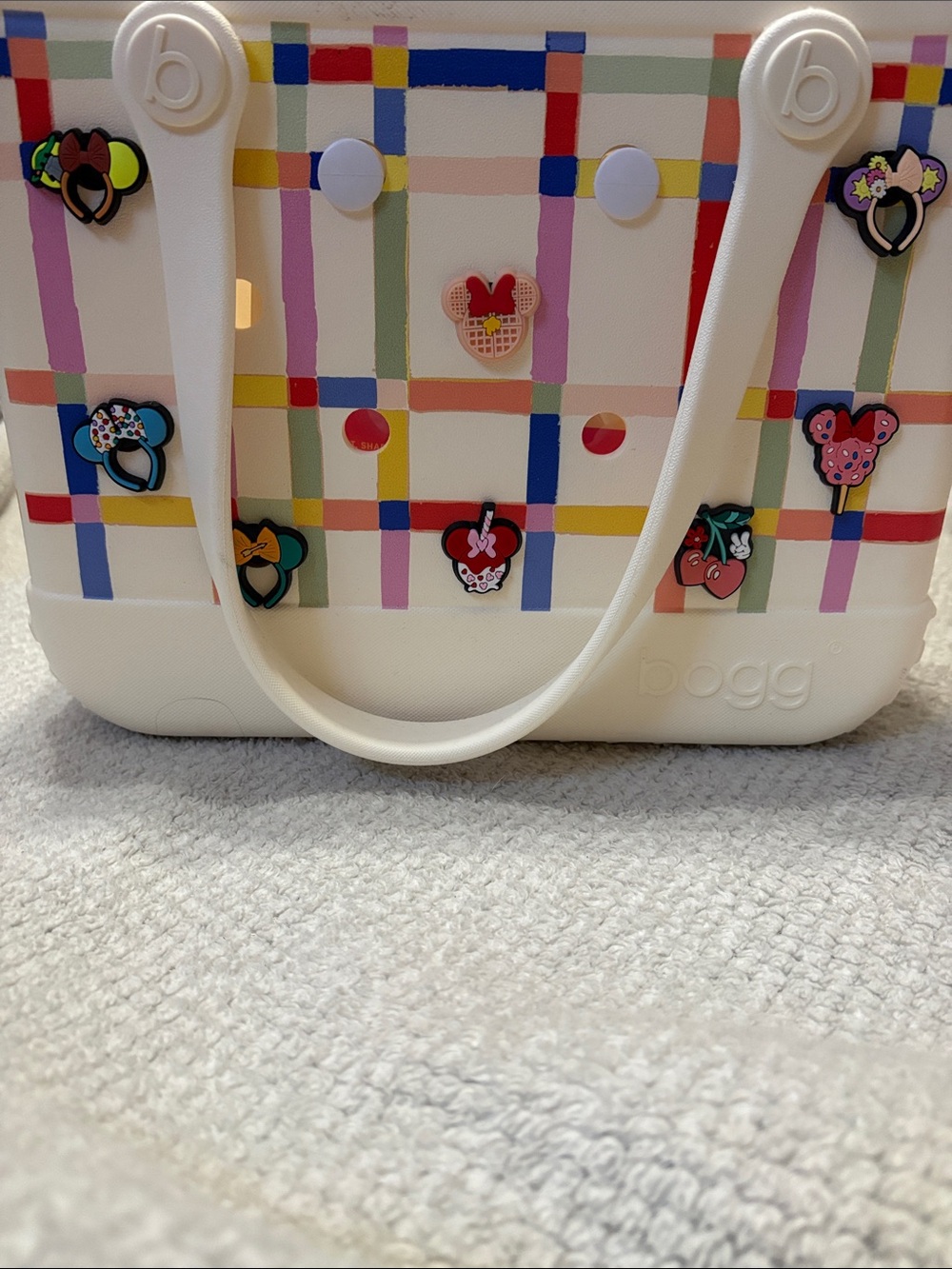 Bogg Bag Cream Tote with Colorful Plaid and Mickey Mouse Ear Headband Charms 🩷❤️